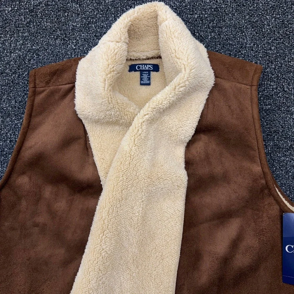 Chaps Faux Suede Shearling Lined Vest Womens L Brown NWT Open Front Drape Boho